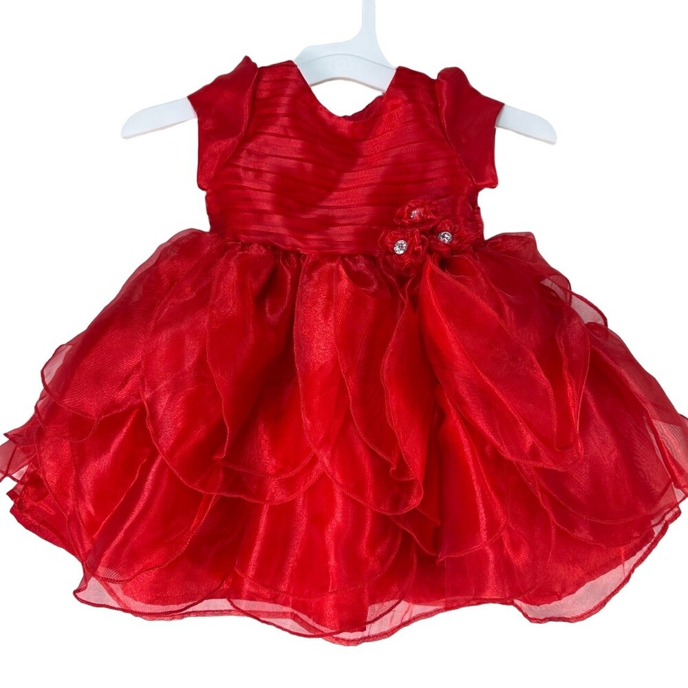 NANETTE BABY Red Sheer Bodice Floral Layered Tulle Party Dress Infant Girls 18 M